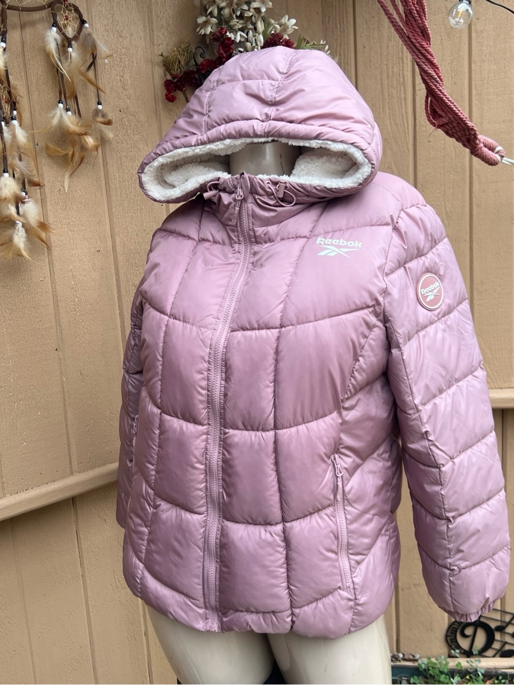 Reebok Quilted Puffer Jacket Women's L Dusty Mauve Pink Hooded Heavyweight Coat